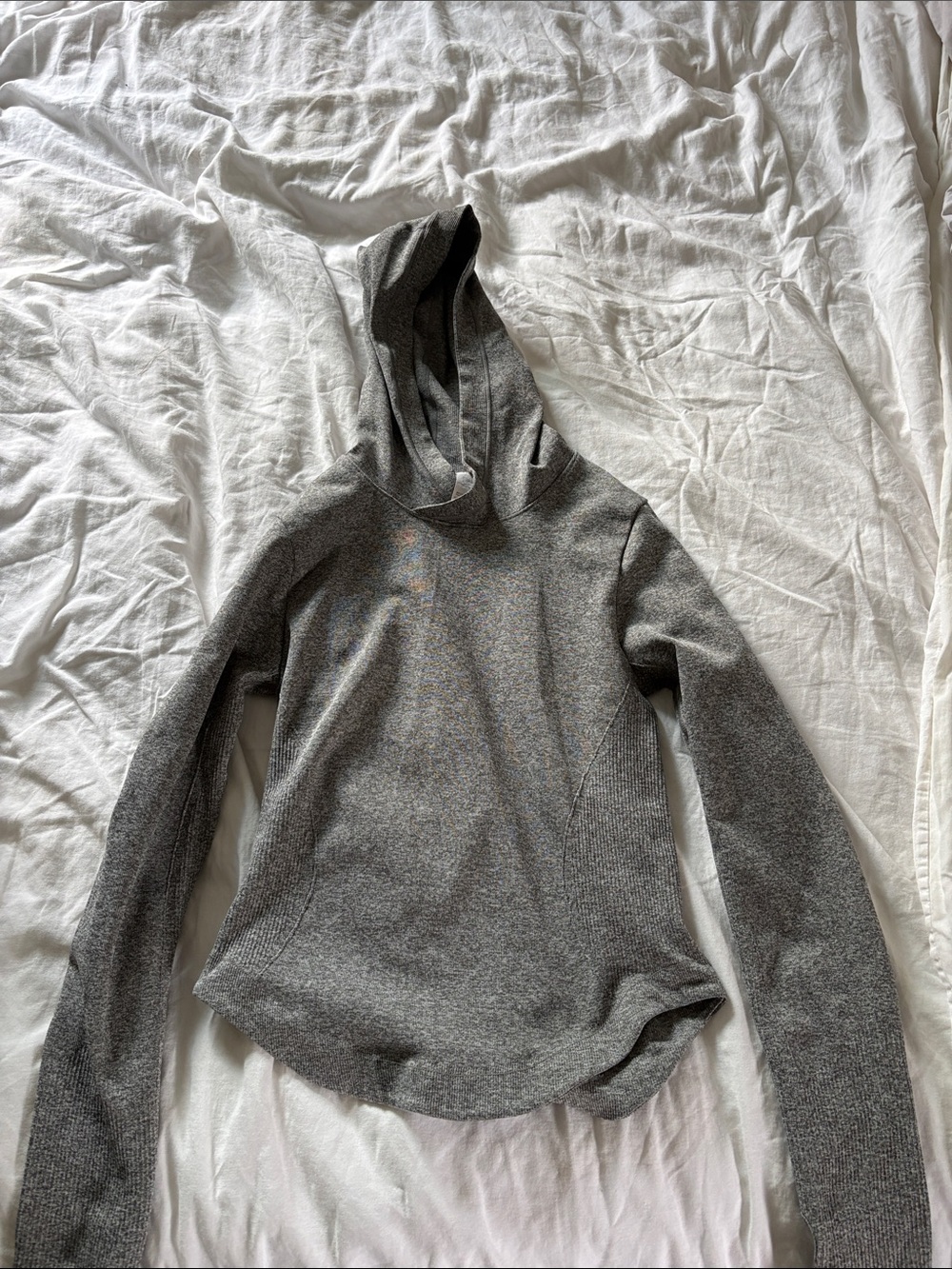 Gray Fitted Athletic Hooded Long Sleeve Top